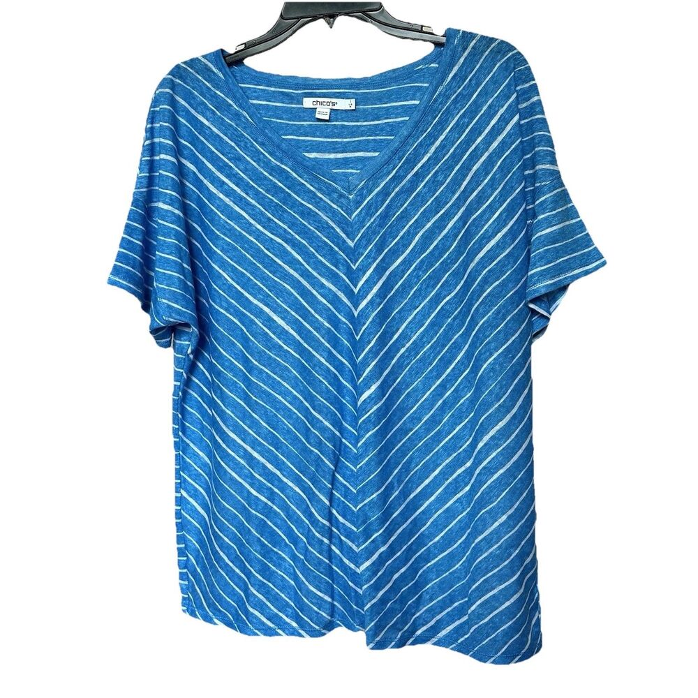 Linen Chicos Womans Top 1 Med Blue Stripe Short Sleeve Pullover Resort Nautical